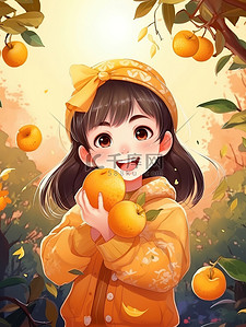 星汉灿烂插画图片_灿烂的秋色小女孩捧着水果8