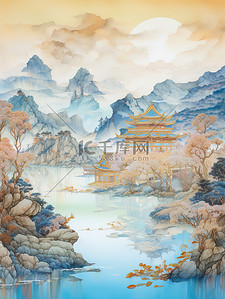 湖光山色中国风浅绿色插画2