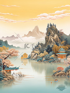湖光山色中国风浅绿色插画12