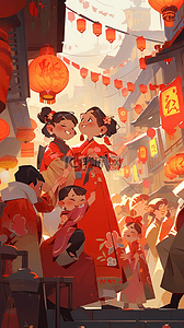 中国新年热闹的街景集市手绘