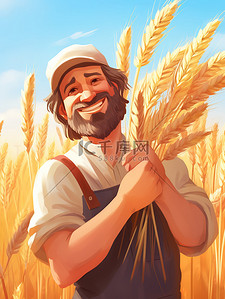 小麦丰收插画图片_快乐农夫手捧一捆小麦插画5
