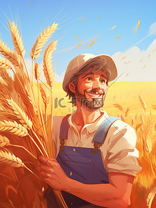 小麦丰收插画图片_快乐农夫手捧一捆小麦插画2