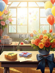 礼物盒插画图片_教师节主题鲜花礼物盒插画17