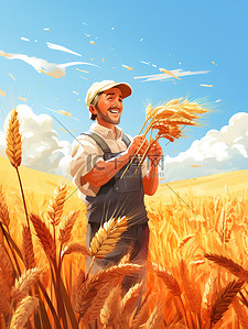 小麦手插画图片_快乐农夫手捧一捆小麦插画11