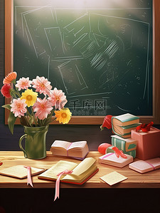 教师节海报插画图片_教师节海报黑板讲台鲜花14