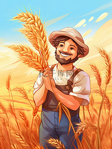 小麦丰收插画图片_快乐农夫手捧一捆小麦插画16