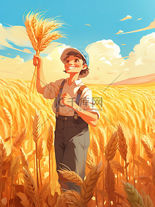 农夫拉着车插画图片_快乐农夫手捧一捆小麦插画13