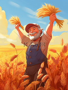小麦丰收插画图片_快乐农夫手捧一捆小麦插画17