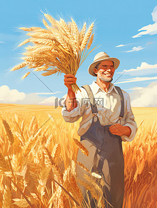 小麦丰收插画图片_快乐农夫手捧一捆小麦插画9