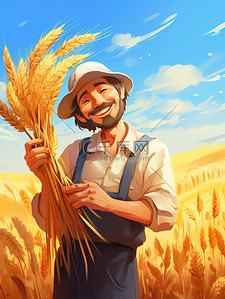 小麦手插画图片_快乐农夫手捧一捆小麦插画4