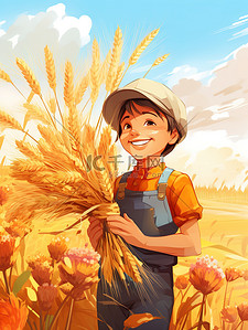 农夫拉着车插画图片_快乐农夫手捧一捆小麦插画3