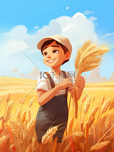农夫拉着车插画图片_快乐农夫手捧一捆小麦插画20