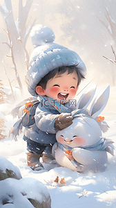 迪斯科音乐插画图片_冬天大雪堆雪人的小男孩手绘插画