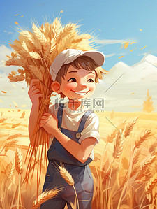 手写快乐插画图片_快乐农夫手捧一捆小麦插画1