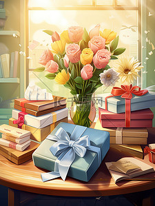 礼物盒盒插画图片_教师节主题鲜花礼物盒插画19