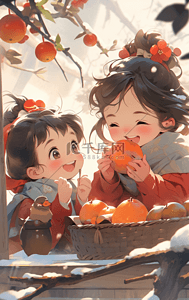 霜降节气女孩快乐吃柿子手绘