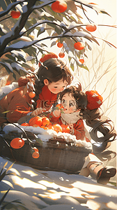 霜降吃柿子插画图片_霜降节气女孩快乐吃柿子
