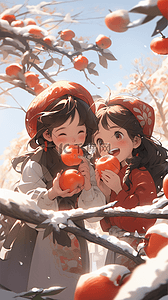 霜降吃柿子插画图片_霜降节气女孩快乐吃柿子插画