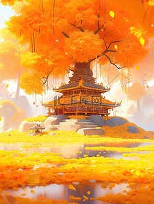 寺庙建筑插画图片_秋天一座寺庙建筑红枫树8