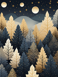 夜森林图案柔和的颜色插画20