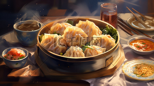婚礼餐盘卡插画图片_餐盘上的饺子插图风格1