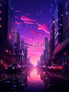 紫色光线插画图片_未来主义暗紫光线日落城市插画4