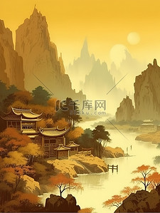 传统水彩画插画图片_传统文化山水树浅黄色插画4
