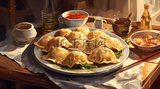 午餐食物插画图片_餐盘上的饺子插图风格10