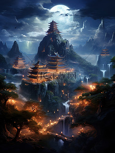 光的辉煌历程插画图片_中国宫殿辉煌建筑云雾仙景7