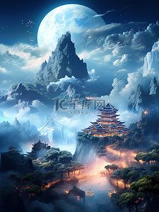 辉煌插画图片_中国宫殿辉煌建筑云雾仙景12