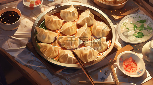 午餐食物插画图片_餐盘上的饺子插图风格4