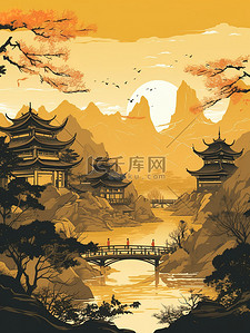 传统文化绘画插画图片_传统文化山水树浅黄色插画19