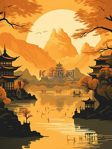 传统文化绘画插画图片_传统文化山水树浅黄色插画14