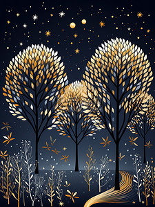 柔和颜色插画图片_夜森林图案柔和的颜色插画9
