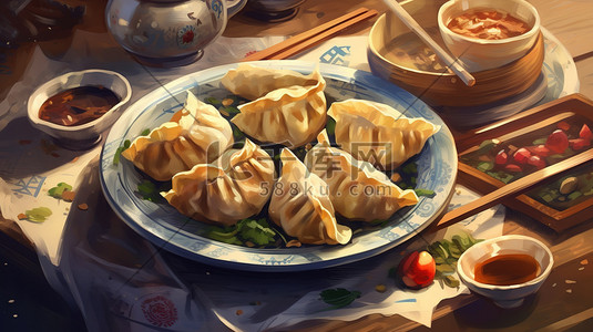 心型餐盘插画图片_餐盘上的饺子插图风格14