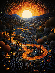 迷宫抽象的风景艺术鲜艳颜色插画2