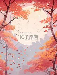 红色数字8插画图片_红色树叶秋天的天空插画8