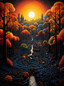 迷宫抽象的风景艺术鲜艳颜色插画9