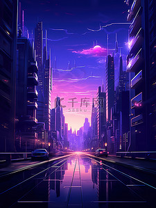 紫色光线插画图片_未来主义暗紫光线日落城市插画5