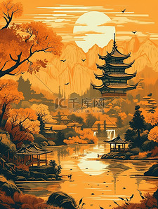 传统文化绘画插画图片_传统文化山水树浅黄色插画7