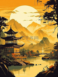 传统文化绘画插画图片_传统文化山水树浅黄色插画12
