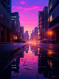 紫色光线插画图片_未来主义暗紫光线日落城市插画2