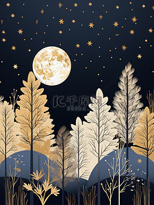 柔和颜色插画图片_夜森林图案柔和的颜色插画7