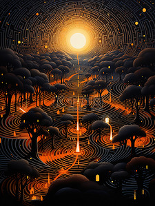 迷宫抽象的风景艺术鲜艳颜色插画16