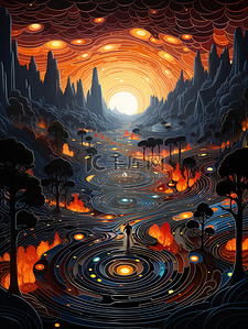迷宫抽象的风景艺术鲜艳颜色插画7