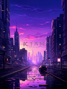未来主义暗紫光线日落城市插画7