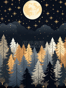 夜森林图案柔和的颜色插画14