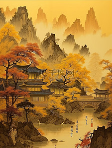 传统文化山水树浅黄色插画1