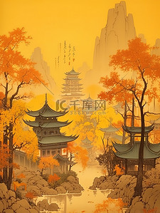 传统水彩画插画图片_传统文化山水树浅黄色插画15