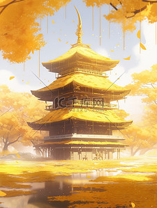 红黄色曲线插画图片_秋天一座寺庙建筑红枫树18
